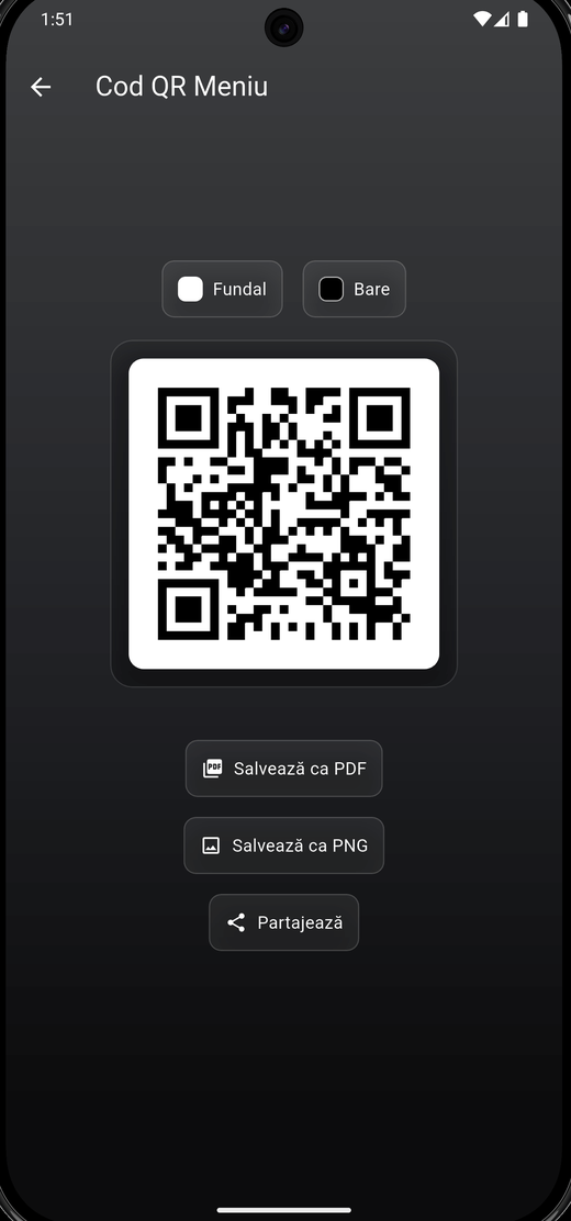 Ecranul codului QR al meniului în aplicația SmartMenu